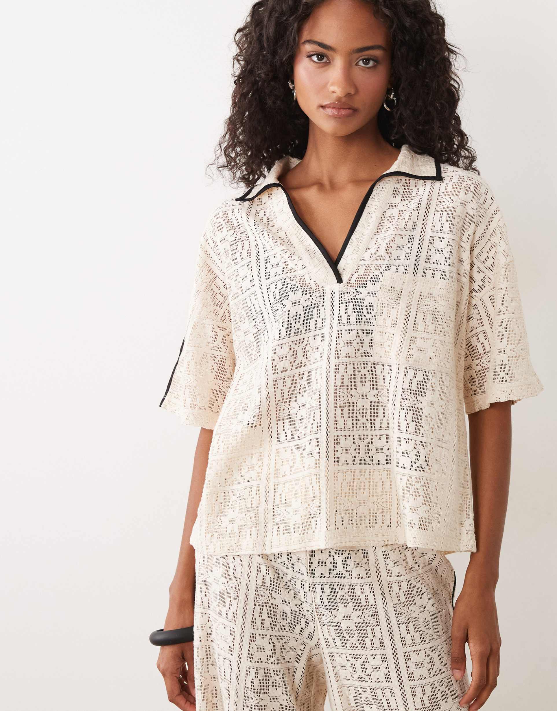 asos design jersey crochet oversized polo in cream -set