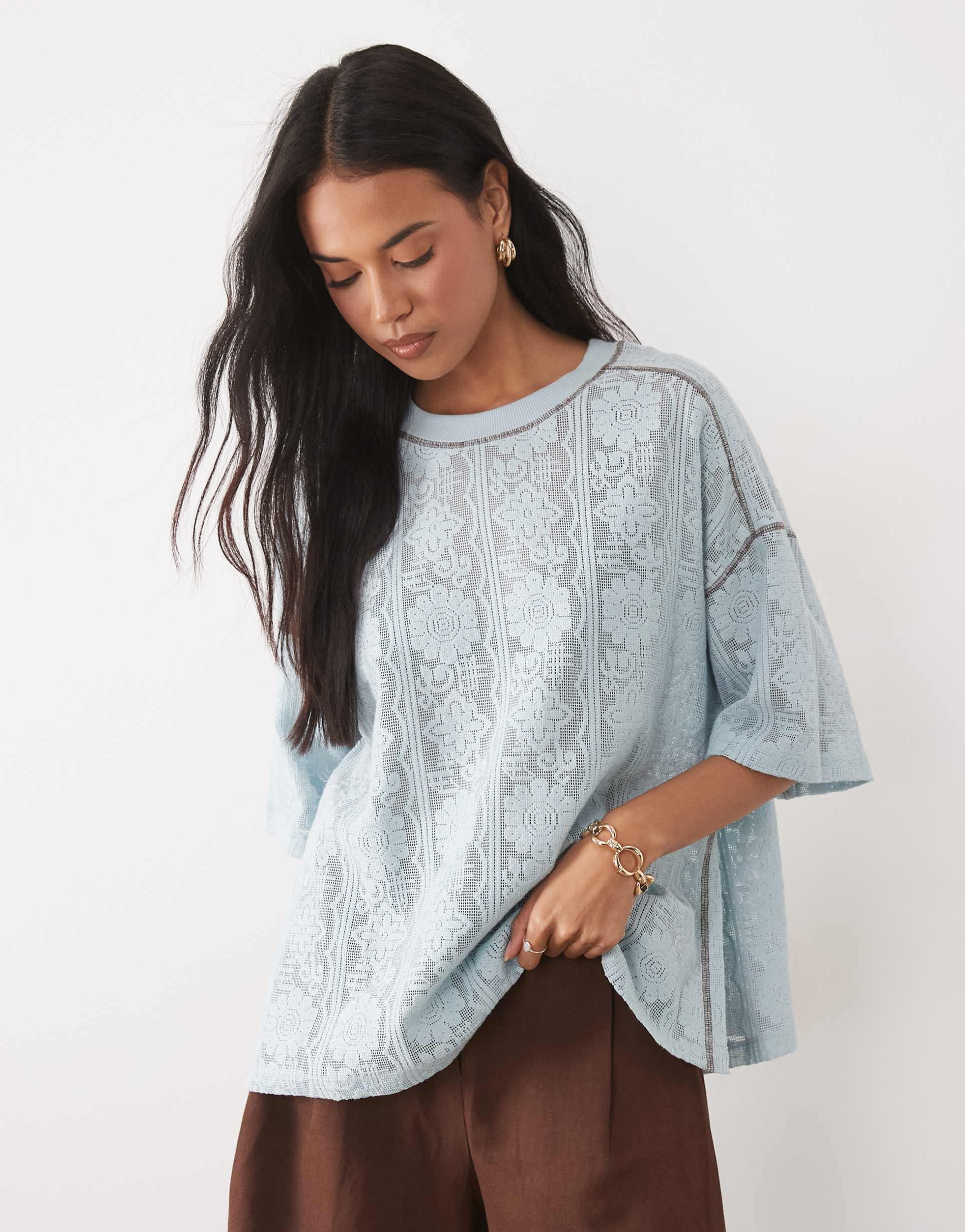 asos design jersey crochet oversized t-shirt in baby blue