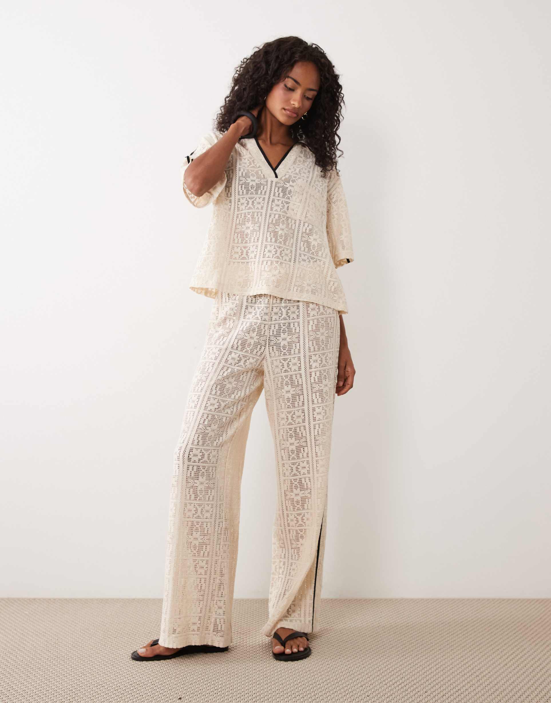 asos design jersey crochet wide leg pants in natural