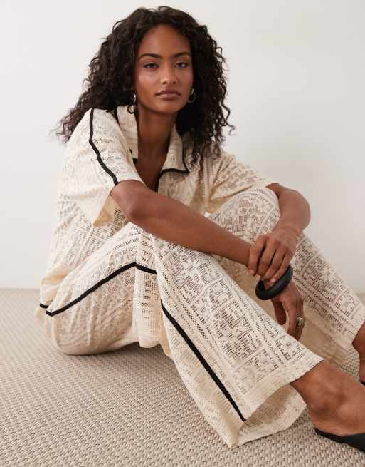 ASOS DESIGN jersey crochet wide leg trouser in natural, 4 of 5