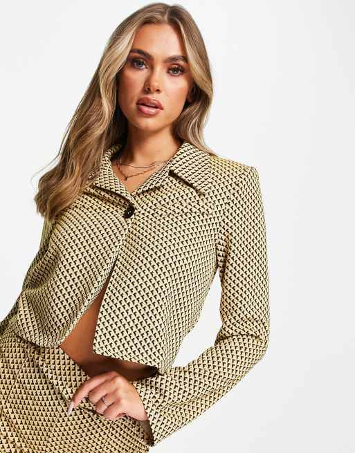 ASOS DESIGN jersey crop retro suit blazer in mustard geo ASOS