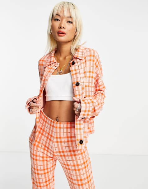 ASOS DESIGN jersey crop suit shacket in orange check - view 1