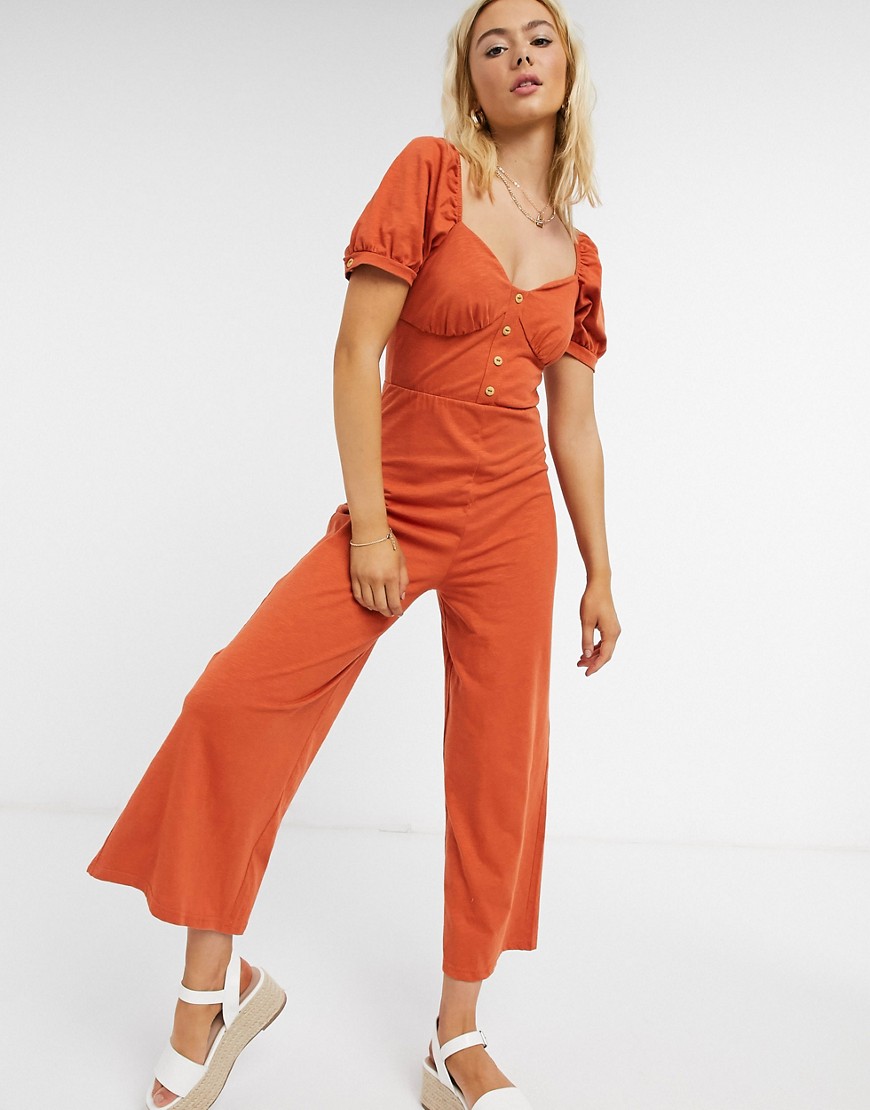 ASOS DESIGN - Jersey culotte jumpsuit met knopen en cups in burnt orange-Oranje