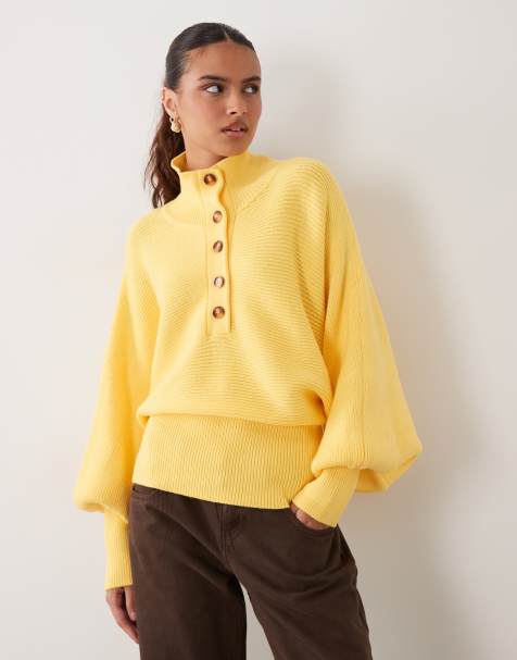 ASOS DESIGN jersey de canalé estructurado con cintura entallada y cuello alzado en amarillo - view 1