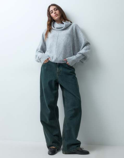 ASOS DESIGN jersey de cuello chimenea afelpado con manga murciélago en gris - view 1