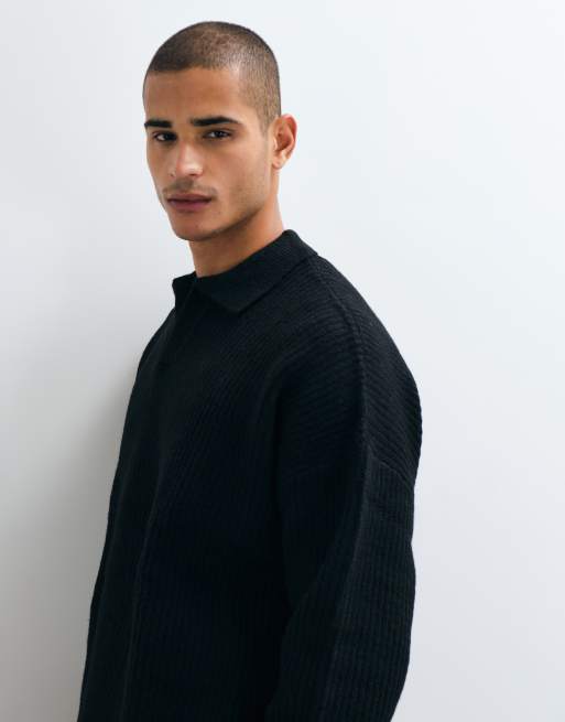 ASOS DESIGN - jersey de mezcla de lana de canalé extragrande con cuello con muesca en negro, 4 de 5