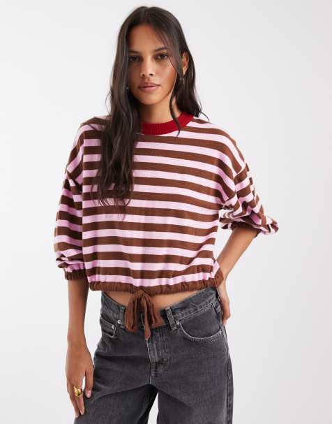 ASOS DESIGN - jersey de punto a rayas con bajo ajustable en marrón y rosa - view 1