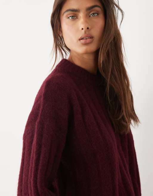 ASOS DESIGN - Jersey de punto acanalado holgado con cuello redondo en burdeos, 4 de 4
