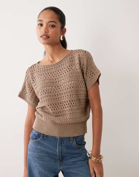 ASOS DESIGN - Jersey de punto con detalle pointelle y manga corta en beige mocha - view 1