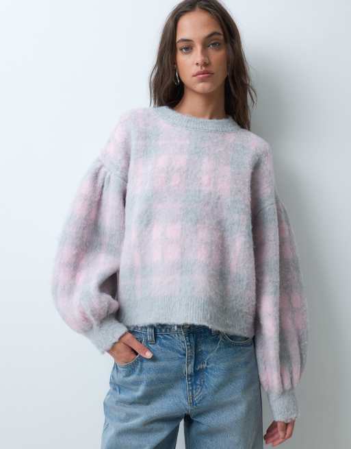 ASOS DESIGN jersey de punto de manga larga con estampado de cuadros tartán en azul, 3 de 5