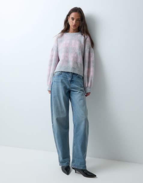 ASOS DESIGN jersey de punto de manga larga con estampado de cuadros tartán gris y rosa - view 1
