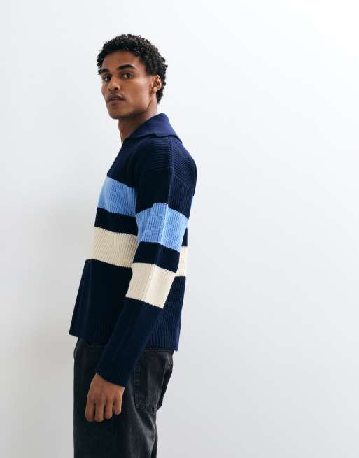ASOS DESIGN jersey de punto extragrande a rayas con cuello con abertura en azul marino, 2 de 5