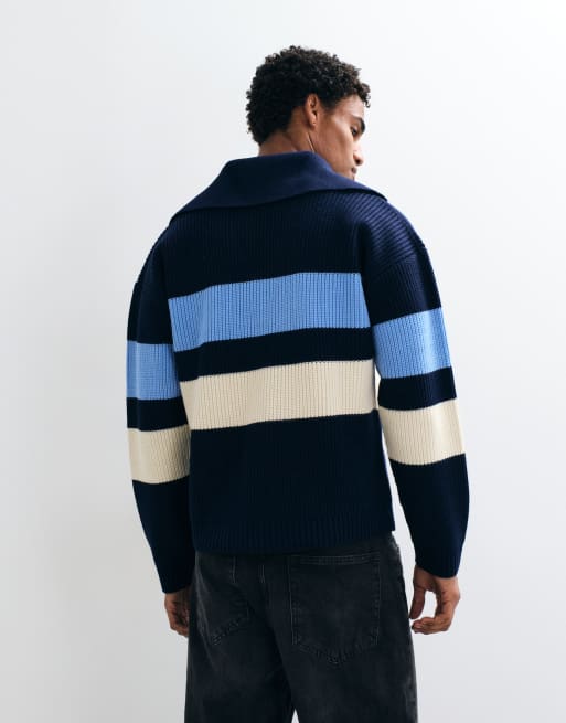ASOS DESIGN jersey de punto extragrande a rayas con cuello con abertura en azul marino, 5 de 5
