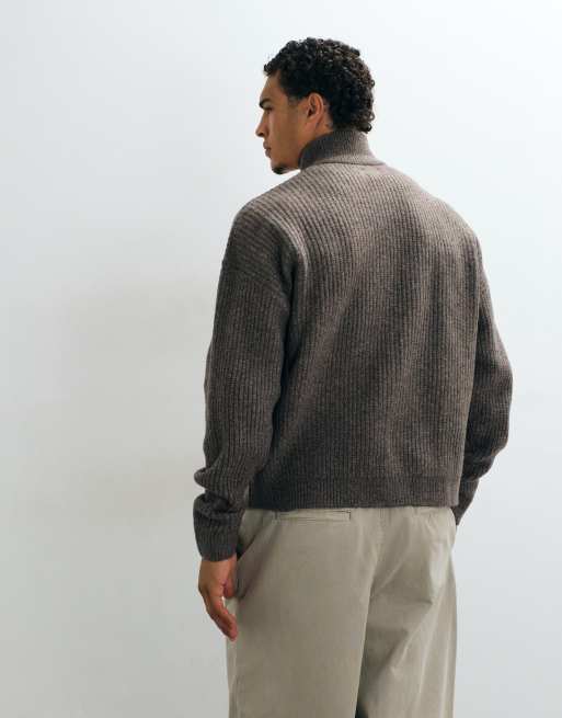 ASOS DESIGN - jersey de punto extragrande con media cremallera y canalé en marrón jaspeado, 4 de 5