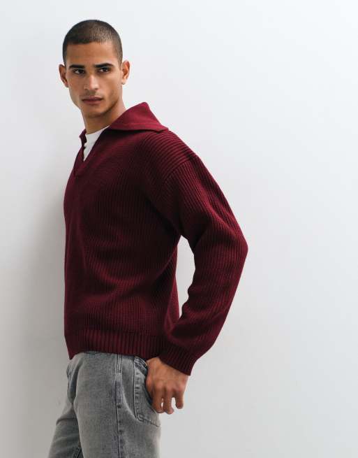 ASOS DESIGN jersey de punto extragrande estilo polo con cuello muy abierto en granate, 3 de 5