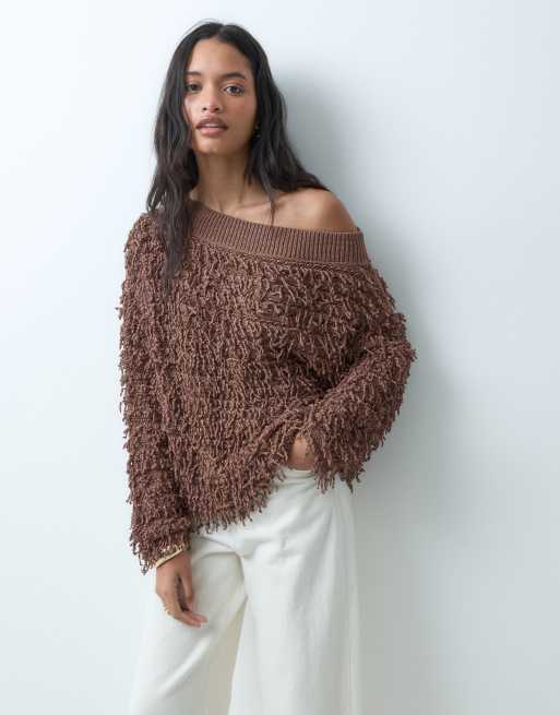 ASOS DESIGN - jersey de punto texturizado asimétrico con escote Bardot en chocolate, 2 de 4
