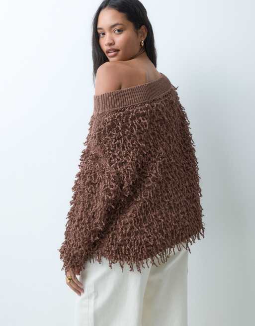 ASOS DESIGN - jersey de punto texturizado asimétrico con escote Bardot en chocolate, 4 de 4