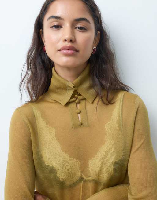 ASOS DESIGN - jersey de punto transparente con botones y cuello vuelto en ocre, 3 de 9