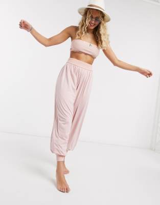 ASOS DESIGN jersey elastic beach harem trouser co-ord in dusky pink-Multi