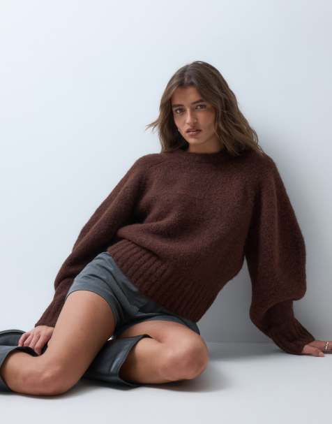 ASOS DESIGN jersey entallado con mangas exageradas en chocolate - view 1