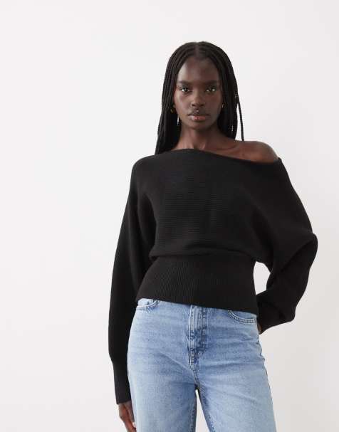 ASOS DESIGN jersey estructurado de canalé con cintura entallada y cuello asimétrico en negro - view 1