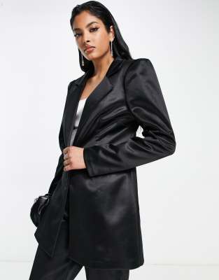 ASOS DESIGN jersey exaggerated shoulder satin suit blazer in black - ASOS Price Checker