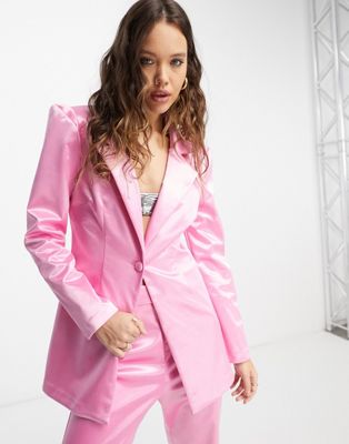 ASOS DESIGN jersey exaggerated shoulder satin suit blazer in pink - ASOS Price Checker