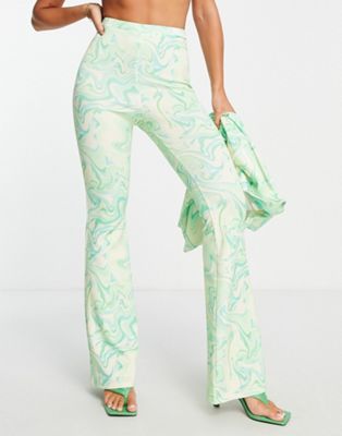 Asos Design Jersey Flare Pants In Marble Print-green