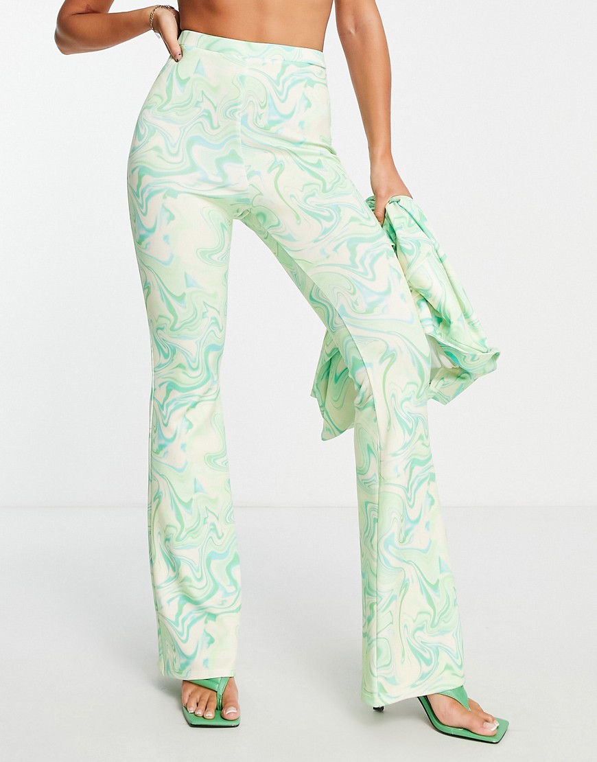 ASOS DESIGN jersey flare trouser in marble print-Green