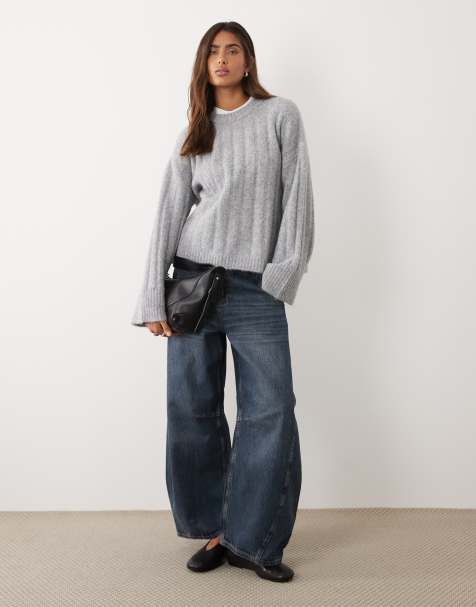 ASOS DESIGN - Jersey gris medio de corte cuadrado con cuello redondo de canalé ancho - view 1
