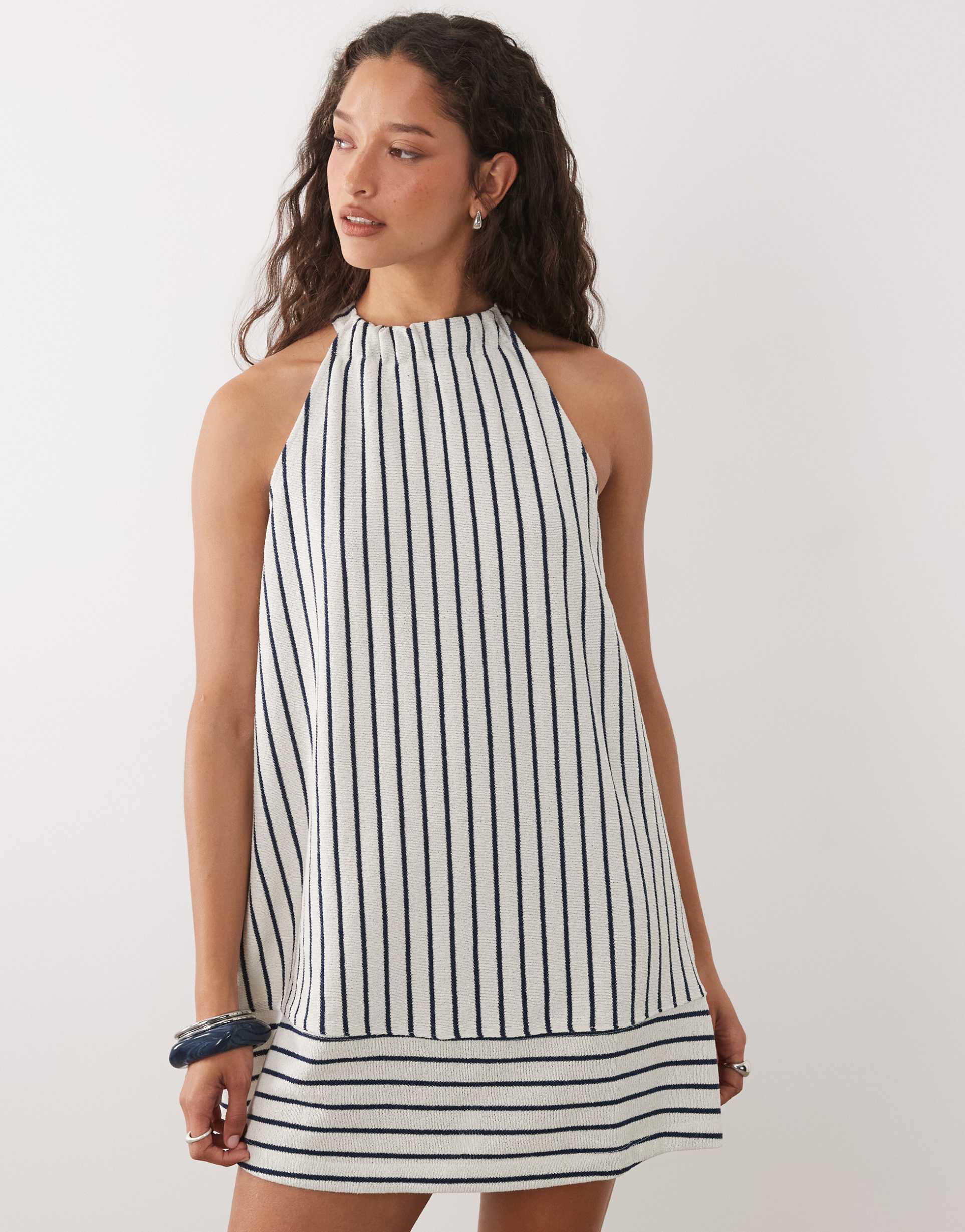 asos design jersey halter neck a line mini dress in mono stripe