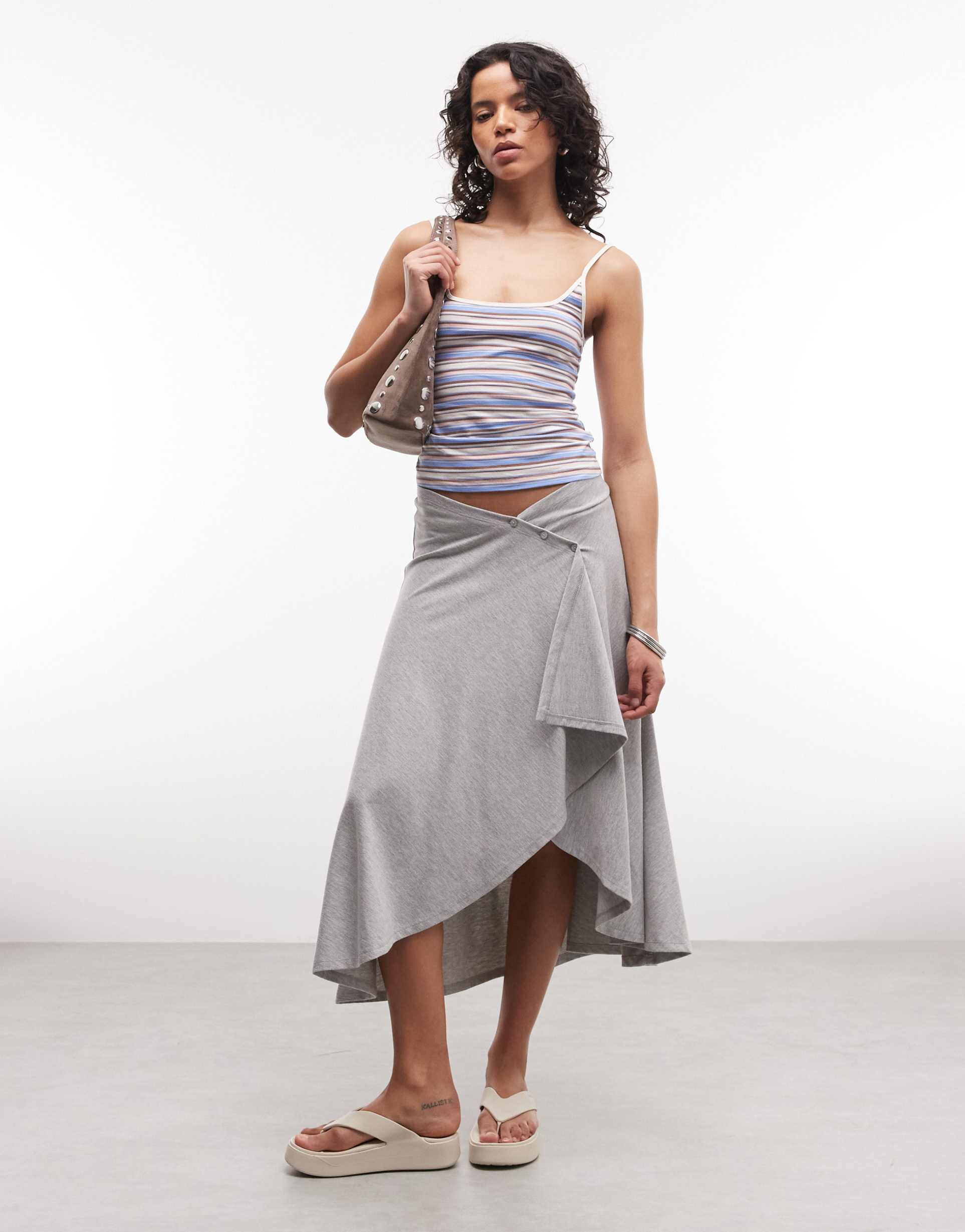 asos design jersey handkerchief hem skirt with button detail in heather gray