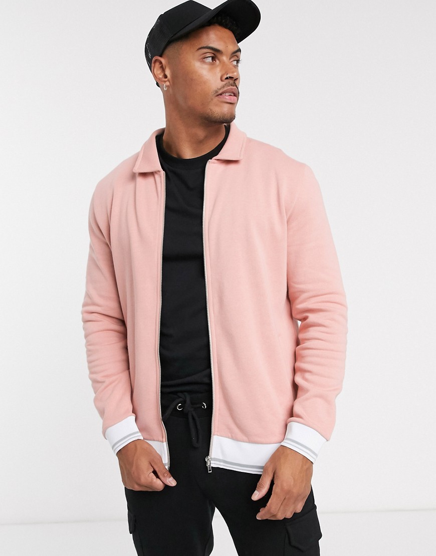 ASOS DESIGN - Jersey harrington jack in roze met gestreepte rib