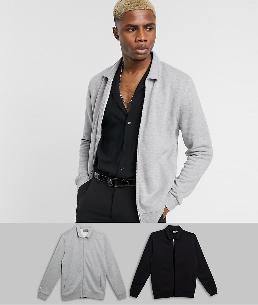 ASOS DESIGN jersey harrington jacket 2 pack in black / grey marl-Multi