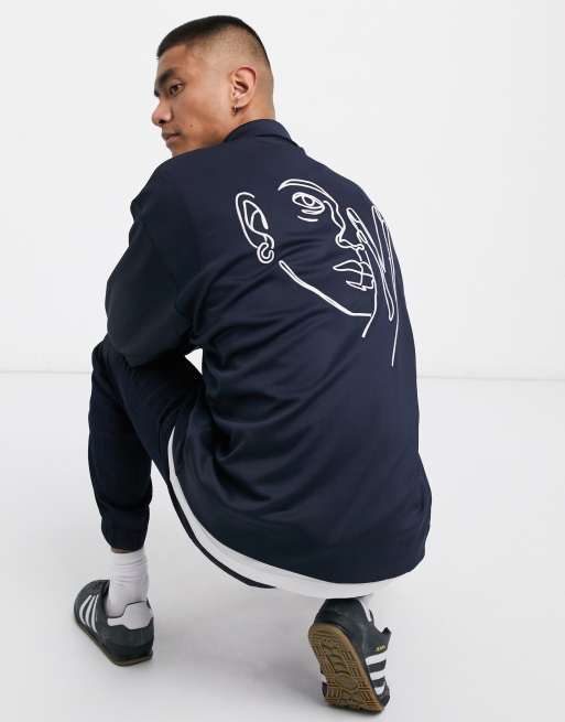 ASOS DESIGN jersey harrington jacket in navy with embroidery ASOS