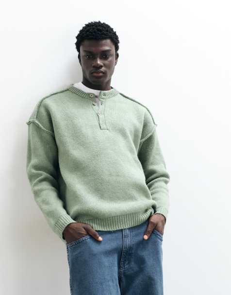 ASOS DESIGN jersey henley extragrande verde salvia jaspeado con costuras vistas - view 1