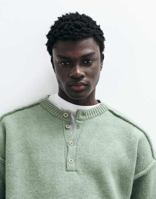ASOS DESIGN jersey henley extragrande verde salvia jaspeado con costuras vistas, 2 de 5