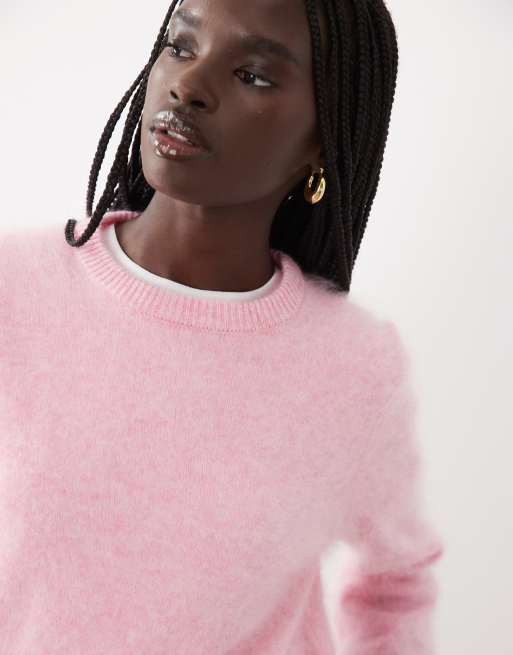 ASOS DESIGN jersey holgado cepillado de lana 100 % con cuello redondo en rosa, 2 de 4