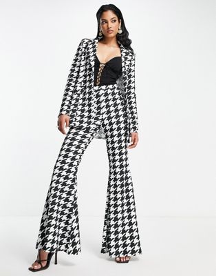 ASOS DESIGN jersey houndstooth print suit superflare trousers in multi