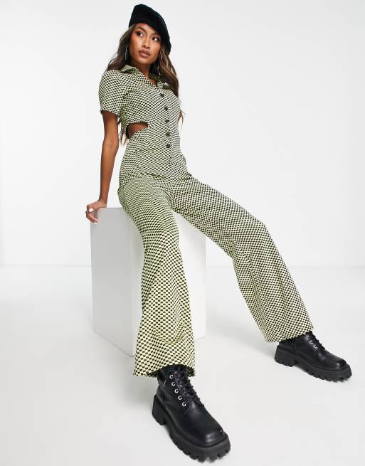 ASOS DESIGN jersey jacquard collar retro jumpsuit in checkerboard