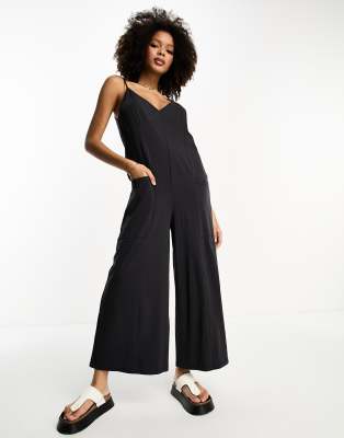 ASOS DESIGN - Jersey-Jumpsuit in Anthrazit mit Riemchenträgern-Grau