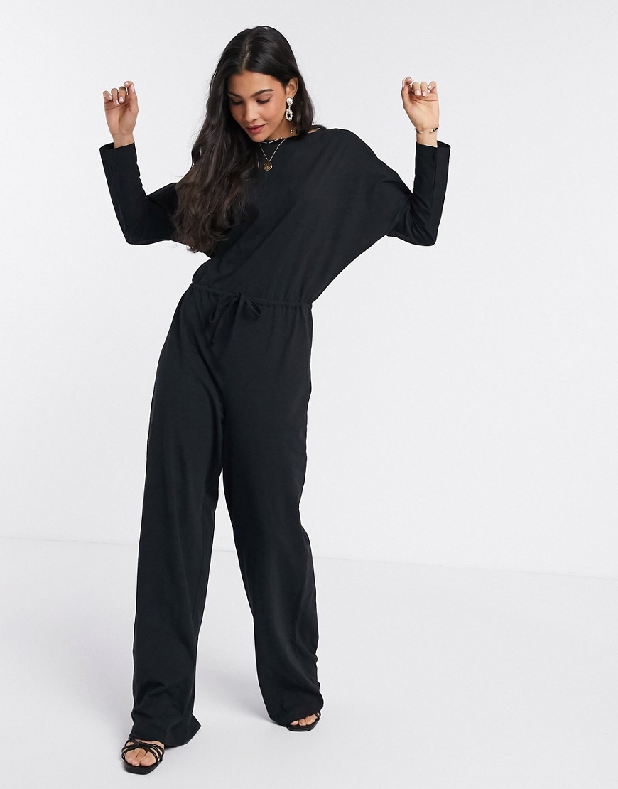 ASOS DESIGN - Jersey jumpsuit met strikceintuur en lange mouwen in zwart