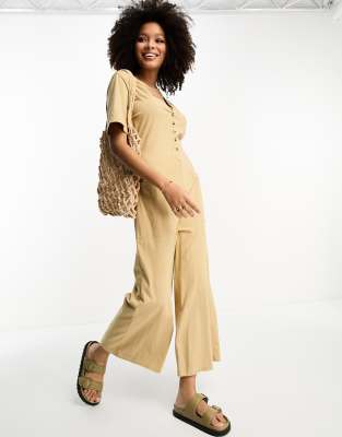 ASOS DESIGN - Jersey-Jumpsuit mit Knöpfen vorne in Mokkabraun-Brown