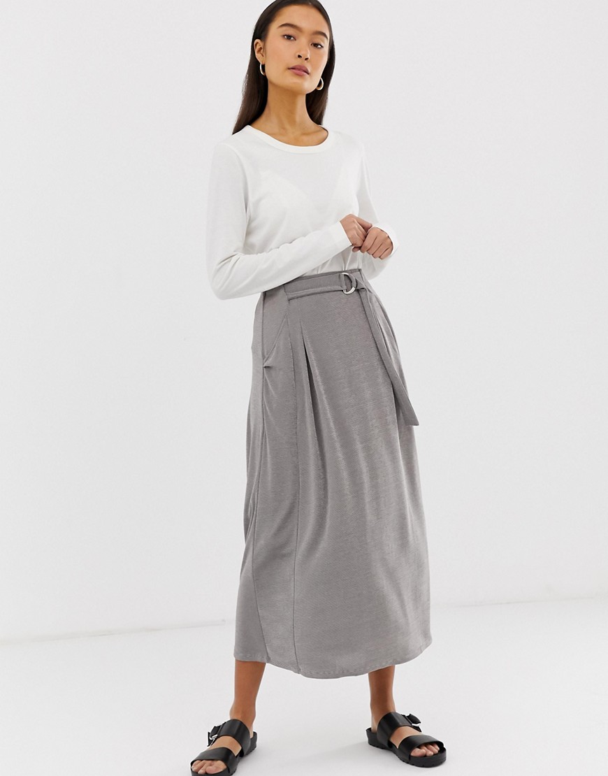 ASOS DESIGN – Jersey-kjol i midilängd med omlott och D-ring-Grå