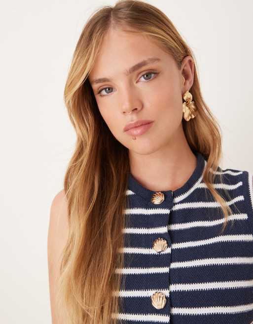 ASOS DESIGN jersey knit vest with shell button detail in navy stripe, 4 of 4