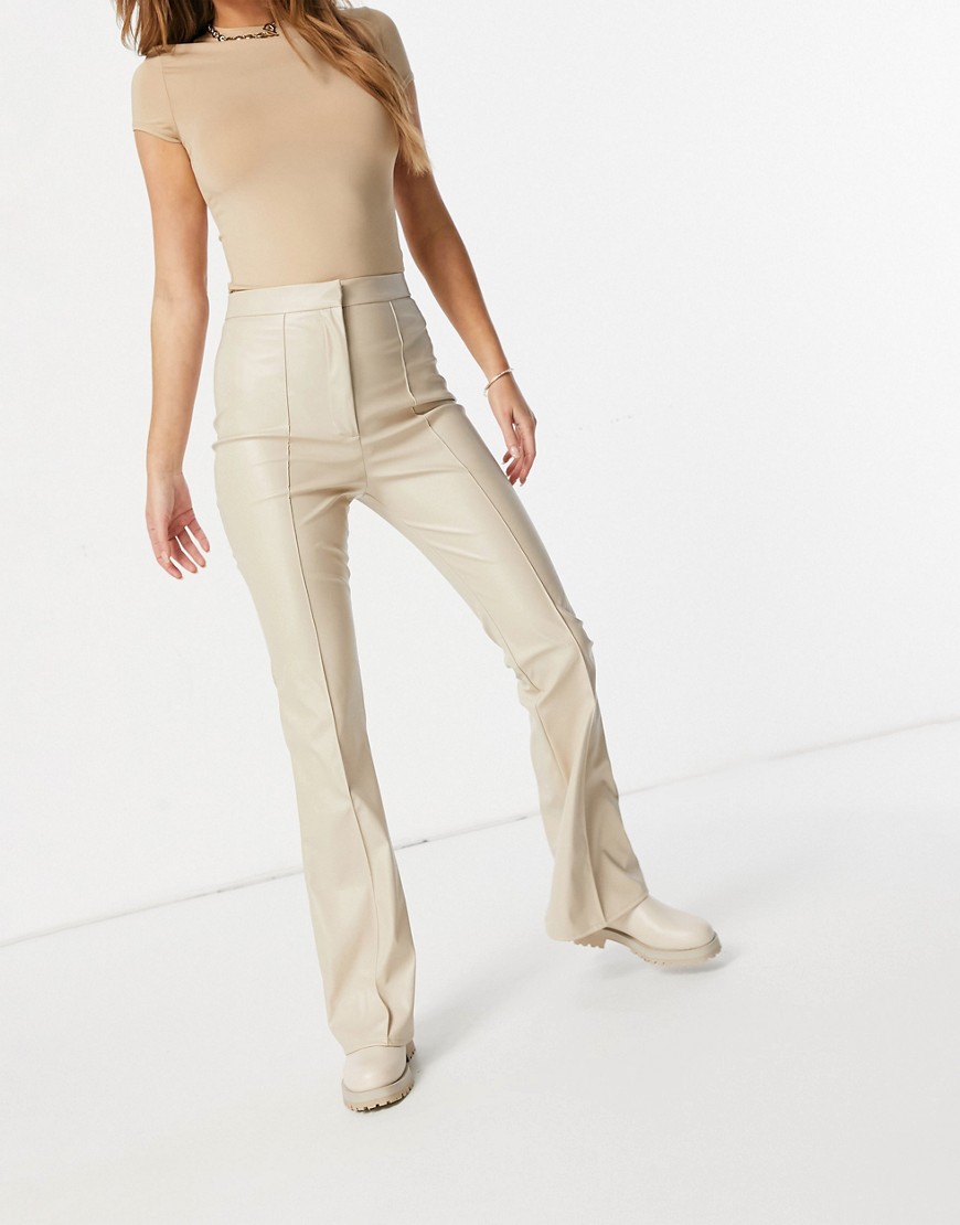 ASOS DESIGN jersey leather look kick flare pants in cream-Neutral