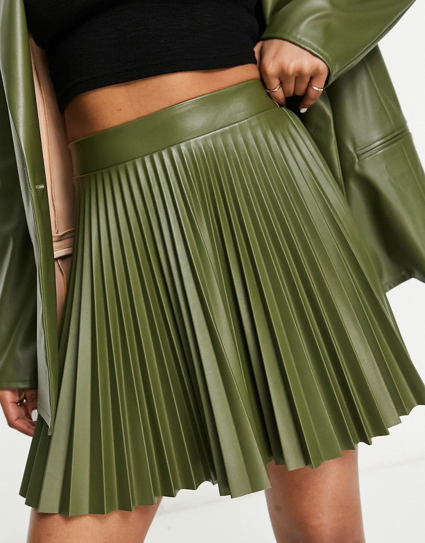 ASOS DESIGN jersey leather look pleated mini suit skirt in olive-Green
