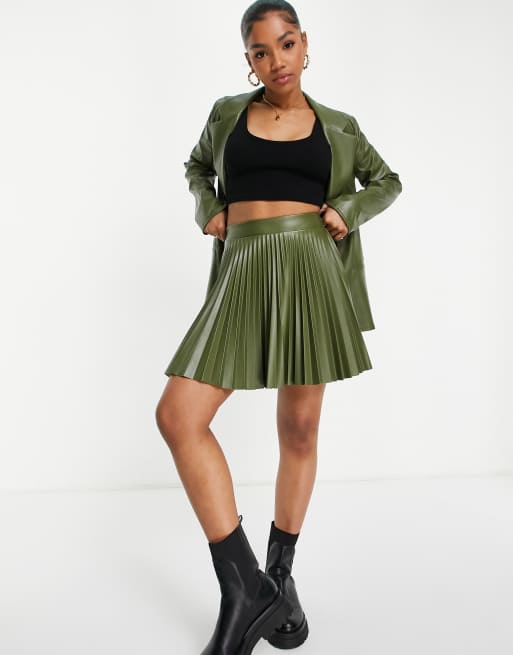 ASOS DESIGN jersey leather look pleated mini suit skirt in olive