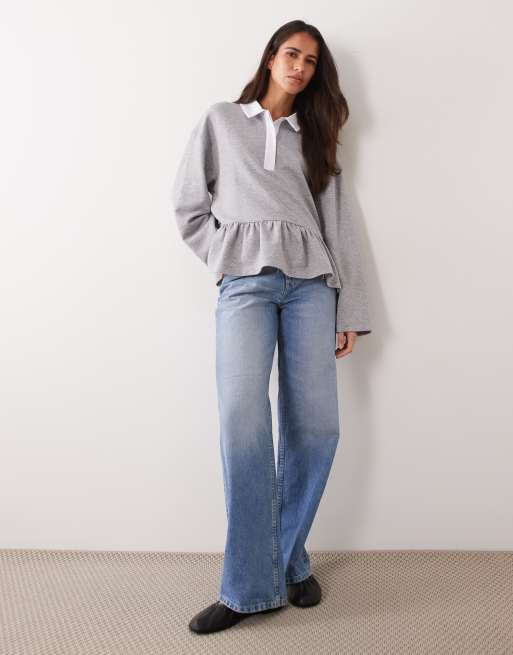 ASOS DESIGN Jersey long sleeve peplum henley in grey, 3 of 4