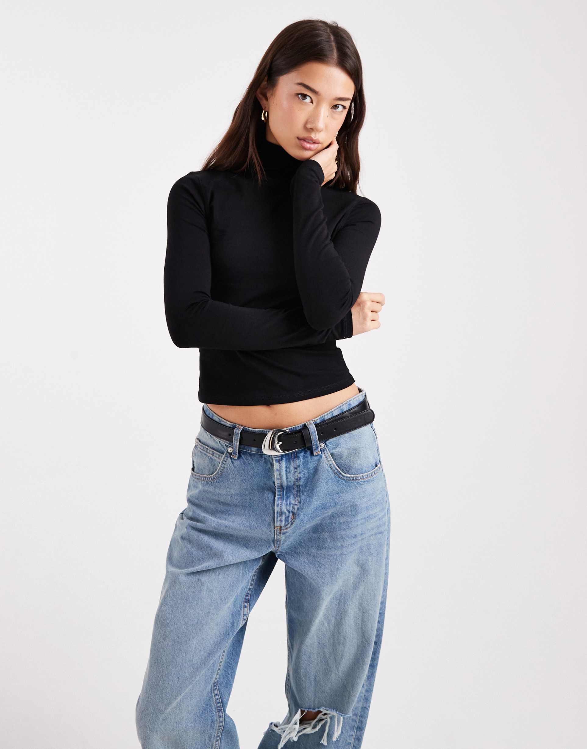 asos design jersey long sleeve roll neck top in black